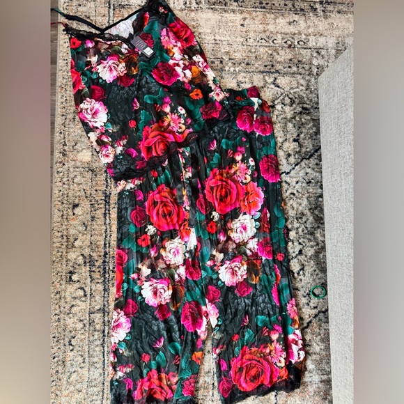 Cacique Pants - Cacique Floral Lace Trim Slip — Black, Pink & Green